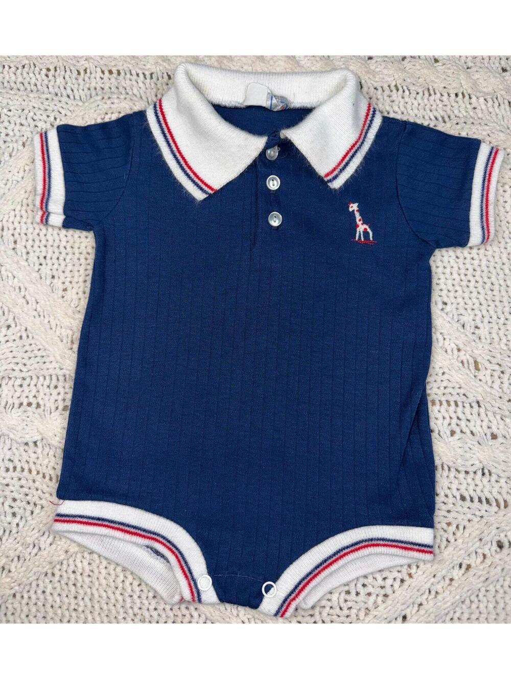 VTG 80s Baby Boys Outfit Size 0-3 Months Preppy Collared Giraffe Embroidery